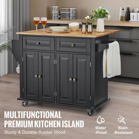 Chariot îlot cuisine 109 cm plateau bois meuble rangement mobile roues verrouillables plan repliable épicier barre linge tiroir étagère réglable noir (1/5)
