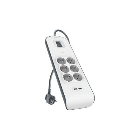 Regleta de 6 tomas con protección contra sobretensiones, cable de alimentación de 2 metros y 2 puertos USB-A
