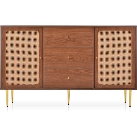 Gutent – Commode en rotin 2 portes 3 tiroirs – Étagères réglables – Noyer H90 x L150 x P40 cm – Poignées en métal doré - H90xL150xP40 (1/5)