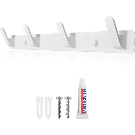 Perchero de pared blanco con 4 ganchos, se puede instalar con adhesivo o tornillos, adecuado para la entrada, el dormitorio, el baño y la cocina. (1/5)