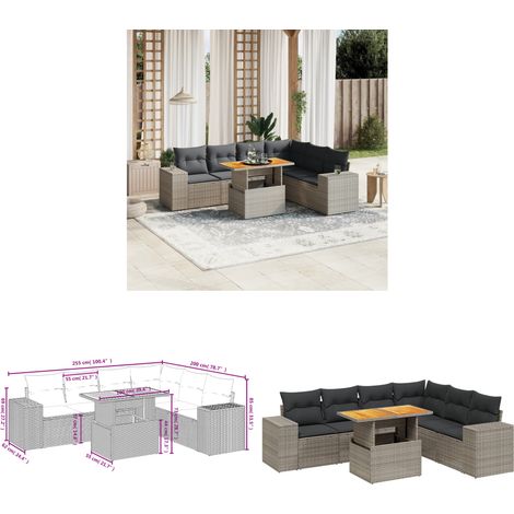 Salon de jardin avec coussins 7 pcs gris résine tressée - Ensemble Salon De Jardin - Meuble Extérieur - Résine Tressée - Rotin Synthétique - Table Extensible - Home & Living (1/3)