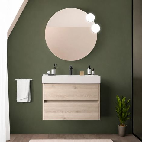 Mobile bagno sospeso 80 cm rovere bali con due cassetti e lavabo in resina Gaya (1/5)