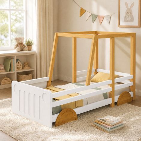 Lit enfant 90x200 forme voiture bois blanc naturel HAVRYA (1/5)