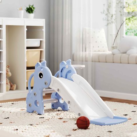 AIYAPLAY 3-in-1 Rutsche für Kinder, Giraffenform, Basketballkorb, Ball, Blau