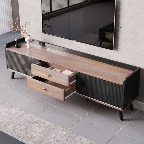 Meuble tv 160 cm noir et bois naturel – lowboard avec 2 tiroirs et 2 portes coulissantes (1/5)