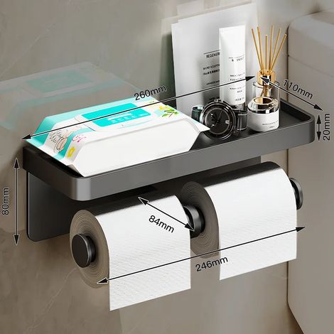 (Style B long gris) Porte-papier toilette mural en alliage d'aluminium avec support pour téléphone et étagère pour rouleau de papier toilette, accessoires de salle de bain. (1/5)