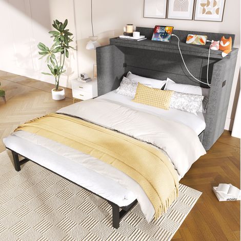 Schrankbett 140x200 cm grau in Leinen mit Schublade, USB/Typ-C und Ablagefach (1/5)