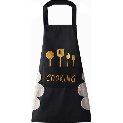 Kitchen Apron(Black) for Women with Hand Wiping Pockets, Large Pocket, Hand Wiping, Waterproof for Cooking and Baking (1/5)