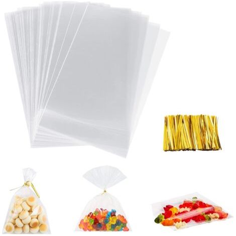 Lot de 100 sachets en cellophane avec ruban doré - 20 x 30 cm - Pour chocolat, bonbons, pain, bonbons (1/5)
