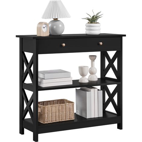Yaheetech Tavolo Console con Ripiani e Cassetti, Consolle ingresso moderno, Mobiletto Salvaspazio in Legno, per Soggiorno, Corridoio, Nero, 80 x 30 x 80 cm
