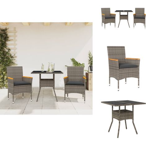 Ensemble à manger de jardin et coussins 3 pcs gris rotin verre - Meubles De Jardin - Salon De Jardin - Set De Jardin - Mobilier De Patio - Table De Jardin (1/5)