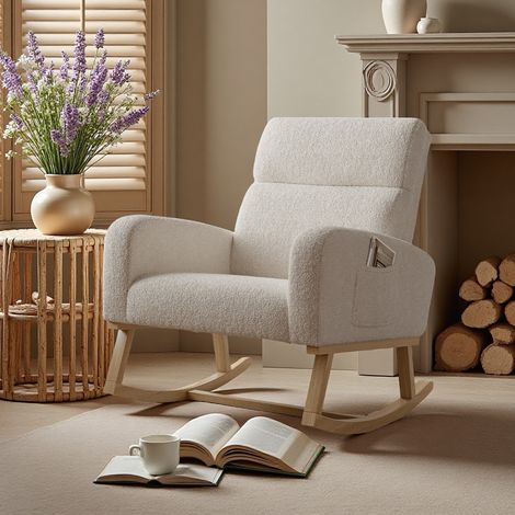 Poltrona a dondolo XXL in velluto Teddy beige - Massimo comfort e design - 78x69x87 cm - Moderna - con braccioli (1/5)