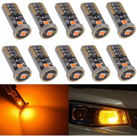 Lot de 10 ampoules LED T10 ambrées pour voiture (W5W, 3 SMD 5050, ultra-lumineuses, 194, 168, 175, 192, 2825), pour éclairage d'angle, plafonnier, liseuse de carte et éclairage intérieur. (1/5)