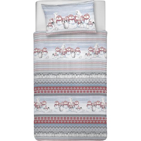 Parure de lit Simple 100% Coton, avec Sac 155 x 200 cm et 1 taie d'oreiller 52 x 82 cm, fabriquée en Italie, Housse de Couette Lavable en Machine à 40 °, Fantaisie Hiver Polaire (1/2)