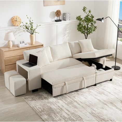 Divano angolare letto 3 posti con porta USB e contenitore, beige DESVIAE (1/5)