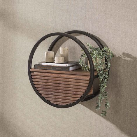 Etagère murale ronde 50x25x50 cm en acacia et métal bronze - ROUND