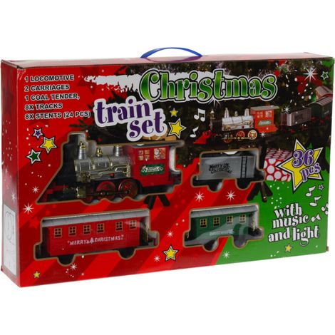 Train de Noël électrique décoratif 36 pièces – 1 locomotive, 2 wagons, 8 rails – Ambiance lumineuse et sonore pour sapin