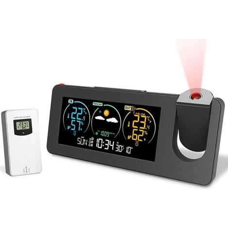 Réveil de projection, station météo avec capteur extérieur, projecteur de chambre à coucher, horloge à intensité variable, double alarme, affichage LCD, date, heure, température, humidité prévisions