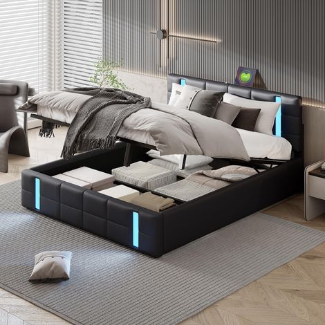 Polsterbett 160x200 cm Stauraumbett mit USB- und Typ-C-Anschluss, LED-Beleuchtung, Doppelbett mit Stauraum, hydraulisch verstellbares Bett für Erwachsene und Jugendliche, PU (Schwarz, 160x200 cm)