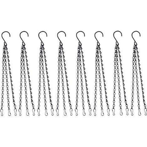 8 chaînes suspendues avec clip, 40 cm, support métallique 3 branches pour pots de fleurs, mangeoires à oiseaux, lanternes, décorations (Noir)