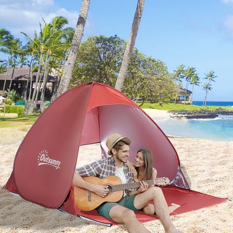 Tienda de Playa para 2-3 Personas Pop-Up con Ventanas tipo Refugio con Protección Solar UV 200x150x119 cm Rojo (1/5)