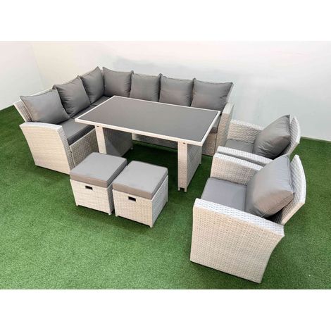 Fimous 10 Seater Wicker Rattan Corner Sofa Sets Outdoor Garden Furniture Sets with Rectangular Dining Table Lounge Sofa 2 Small Footstools Light Grey (1/5)