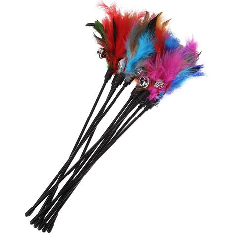 Cat Kitten Toy Colorful Artificial Feathers Short Rod Interactive Cat Funny Cat Stick with Bells and Feathers Feathered Toy for Cats 5 Pack Random Color (1/5)