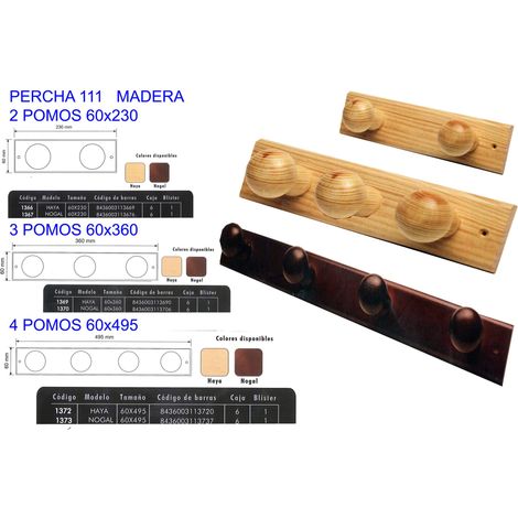 Percha de madera con 2 pomos 60x230 haya 1366
