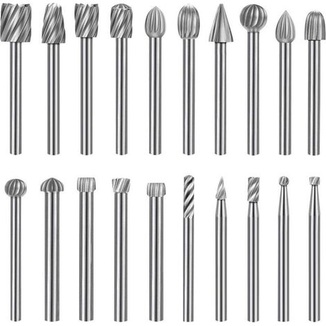 Jeu de 20 limes rotatives HSS, tête de lime rotative de 3 mm (1/8"), outil rotatif avec poignée pour le travail du bois (1/4)