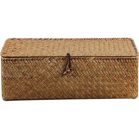 Panier de rangement tressé en paille, porte-accessoires de bureau avec couvercle, panier à cosmétiques-32x12cm-Random Color (1/3)