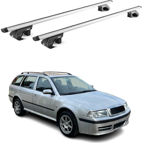 OMAC Dachträger Aluminium TÜV geprüft für Skoda Octavia Kombi 1996-2020 – Für Standard Dachreling – T Nut – Max 90 kg – 2 Schlösser Silber (1/5)