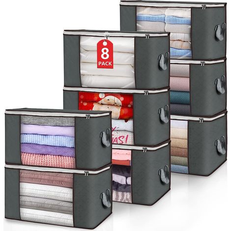 Lot de 8 bacs de rangement pour vêtements pliables pour placards avec poignées durables en tissu épais pour couverture, couette, literie, 90 l (gris) (1/5)