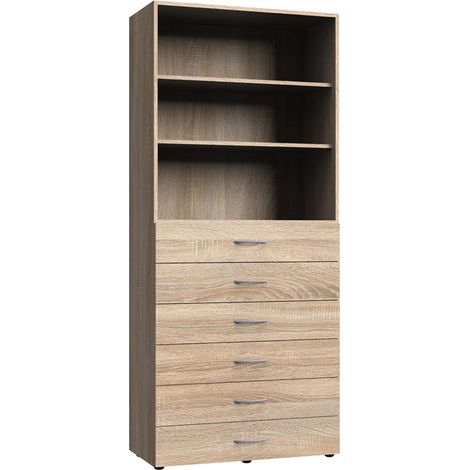Etagère avec 6 tiroirs et 2 tablettes coloris imitation chêne - longueur 80 x hauteur 185 x profondeur 40 cm