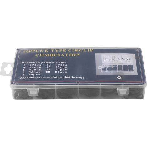 Assortiment de 300 anneaux de retenue en métal noir (clips en E) de 3 à 22 mm, avec boîte. (1/5)