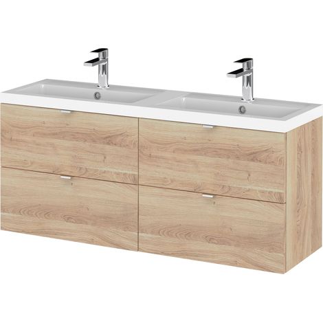 Hudson Reed Fusion Wall Hung 4-Drawer Vanity Unit with Double Ceramic Basin 1200mm Wide - Bleached Oak (1/5)