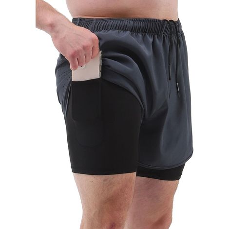 Short de sport homme 2-en-1 avec doublure, poches, séchage rapide pour course, cyclisme et fitness - Gris