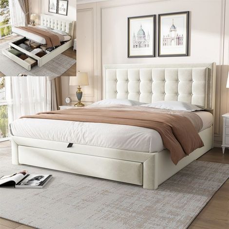 Lit coffre 140x190 cm - Rembourré - Beige - 2 tiroirs - Sommier à lattes - Design contemporain (1/5)