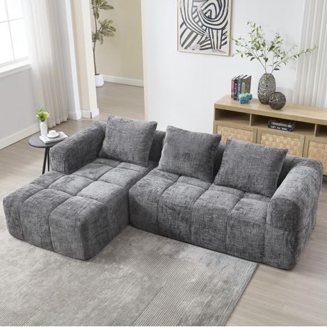Sofá modular de chenilla gris 250 x 158 cm con chaise longue y bolsillos laterales (1/5)