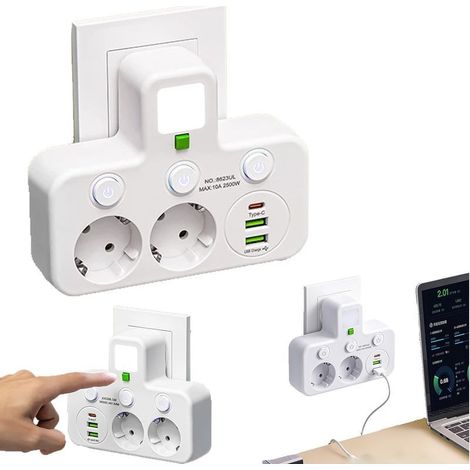 Multiprise Murale avec Interrupteurs Individuels 2 Prises EU + 3 Ports USB (2X USB A + 1x Type C), Conception Polyvalente et Sécurisée pour la Maison (White,2Prises) (1/5)