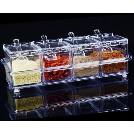 Gewürzbox-Set, 4-teiliges Set mit Flaschen, Salz- und Gewürzgläsern, Küchengewürzgläsern und Aufbewahrungsbehältern mit 4 Löffeln (1/5)