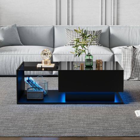 Table basse noire 100x50x32cm – plateau verre, 1 tiroir, LED, haute brillance (1/3)