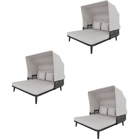 3er-Set gartenmöbel für 2 Personen, Strandkorb, Gartenliege, Sonnenliege, einziehbare Markise, verzinkter Stahlrahmen, 10 cm dicke Kissen, handgewebtes Seil, grau