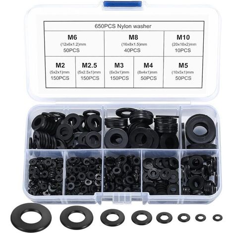 650 pièces Rondelles Nylon Plates, Rondelles de Carrosserie en Plastique, Entretoises Joint D'étanchéité pour Vis Isolation - Noir, M2/M2,5/M3/M4/M5/M6/M8/M10 (1/5)