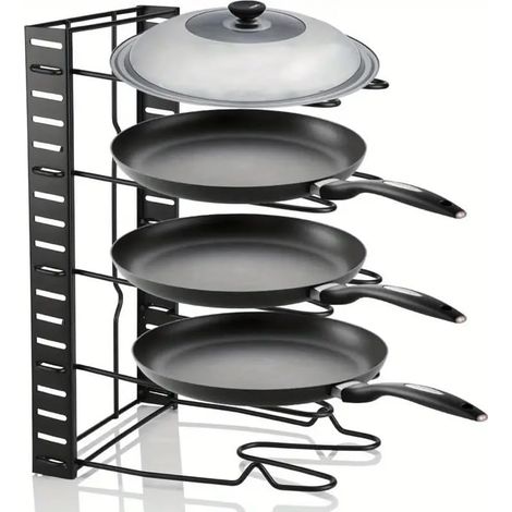 Kingsaid 5-Tier Adjustable Wall-Mounted Cookware Organizer Rack - Black Stainless Steel Space-Saving Pan & Lid Storage Shelf for Kitchen, Holds 5 Pans Vertically/4 Horizontally, 43x20.5x40cm, Kitchen (1/5)