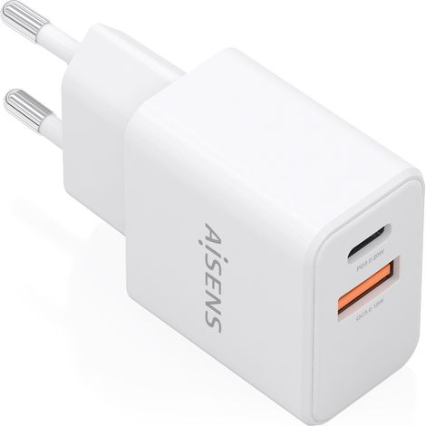 AISENS - CARGADOR GaN 20W, 1xUSB-C PD3.0, 1xUSB-A QC3.0, BLANCO