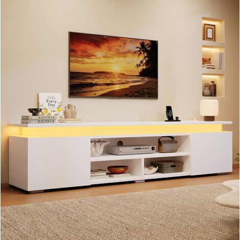 MODFU – Mobile TV LED RGB 180x35x42 cm in MDF con 2 armadi, 3 nicchie e controllo tramite app e voce per salotto – Bianco (1/5)