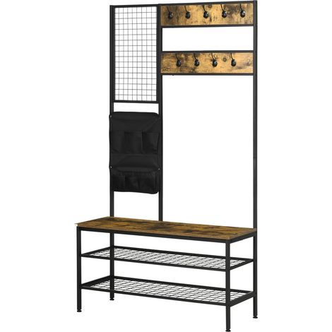Armoire industrielle avec tableau mémo, banc à chaussures, 8 patères, sac de rangement noir et marron