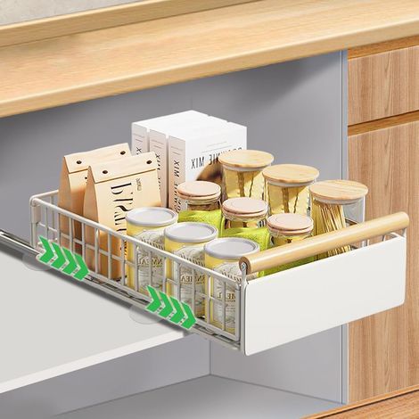 Tiroir Coulissant Cuisine, Etagere Coulissant Placard Cuisine avec Poignée, Tiroirs Extensibles Télescopique Pliables pour Armoires, Blanc, Petit (1/5)