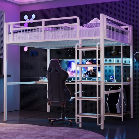 Metall-Hochbett 140x200 cm mit Schreibtisch und Regal, Jugendbett mit Treppe und Sicherheitsgitter, platzsparendes Kinderbett, Weiß (1/5)