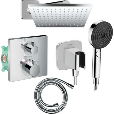 Columna de ducha termostática HANSGROHE Ecostat Square Ducha fija Vernis Shape Flexible Designflex Pulsify teleducha cromo
